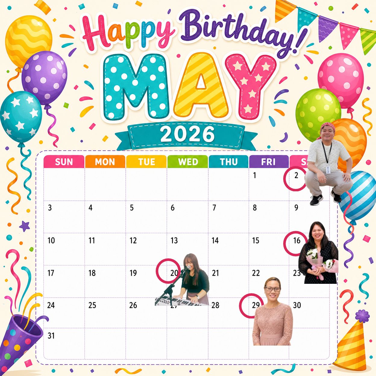 Happy Birthday May 2026 calendar