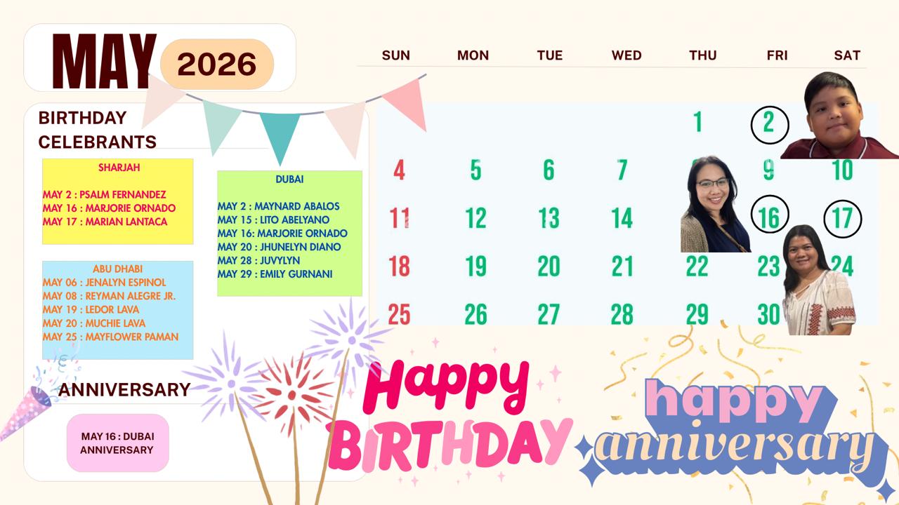 May 2026 birthday celebrants and anniversary calendar